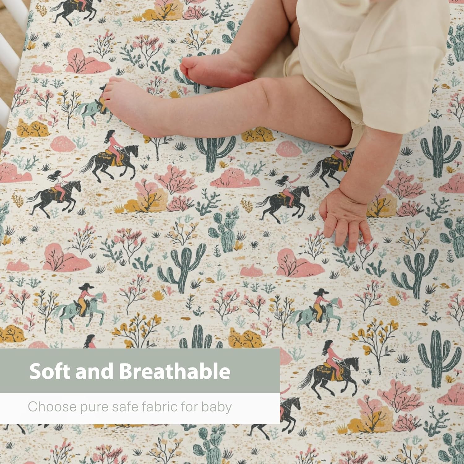 Western Cowgirl Cactus Baby Crib Sheets for Boy Girl 28"x52" Retro Cowgirl Horse Trees Leaves Soft Stretchy Fitted Crib Mattress Cover Wild West Baby Sheet for Standard Crib and Toddler Mattress
