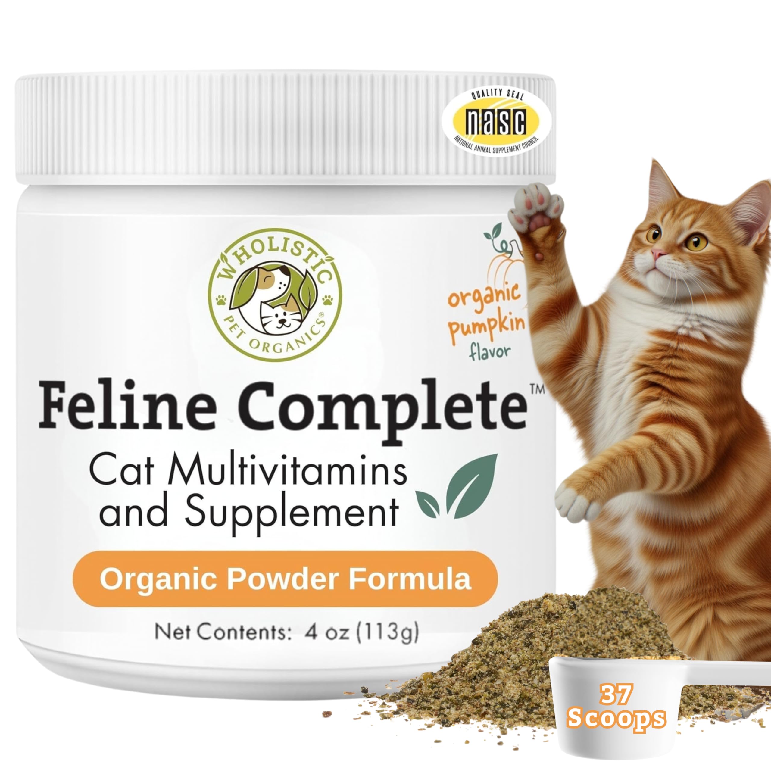 Wholistic Pet Organics Feline Complete Organic Pumpkin - 4 Oz - Multivitamin & Probiotic Powder for Cats - Natural Cat Food & Digestive Support - 37 Scoops