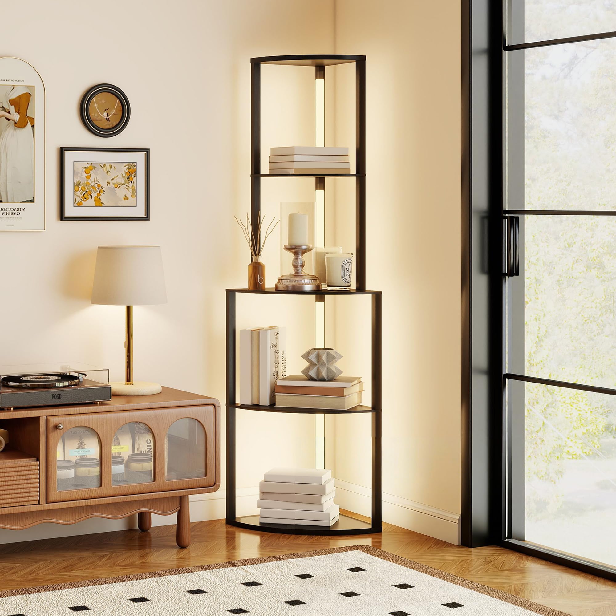 HOMCOM Stehleuchte Wohnzimmer, Stehleuchte mit 4-stufigen Eckregalen, moderne LED-Lampe, regulierbare Helligkeit, Fußschalter, für Wohnzimmer, Schlafzimmer, Büro, schwarz