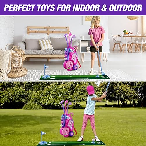 Miniatura 10 de HYES Juego de golf para niños pequeños, palos de golf mejorados para niños con 12 pelotas, tapete de putt, correa para el hombro, juguetes