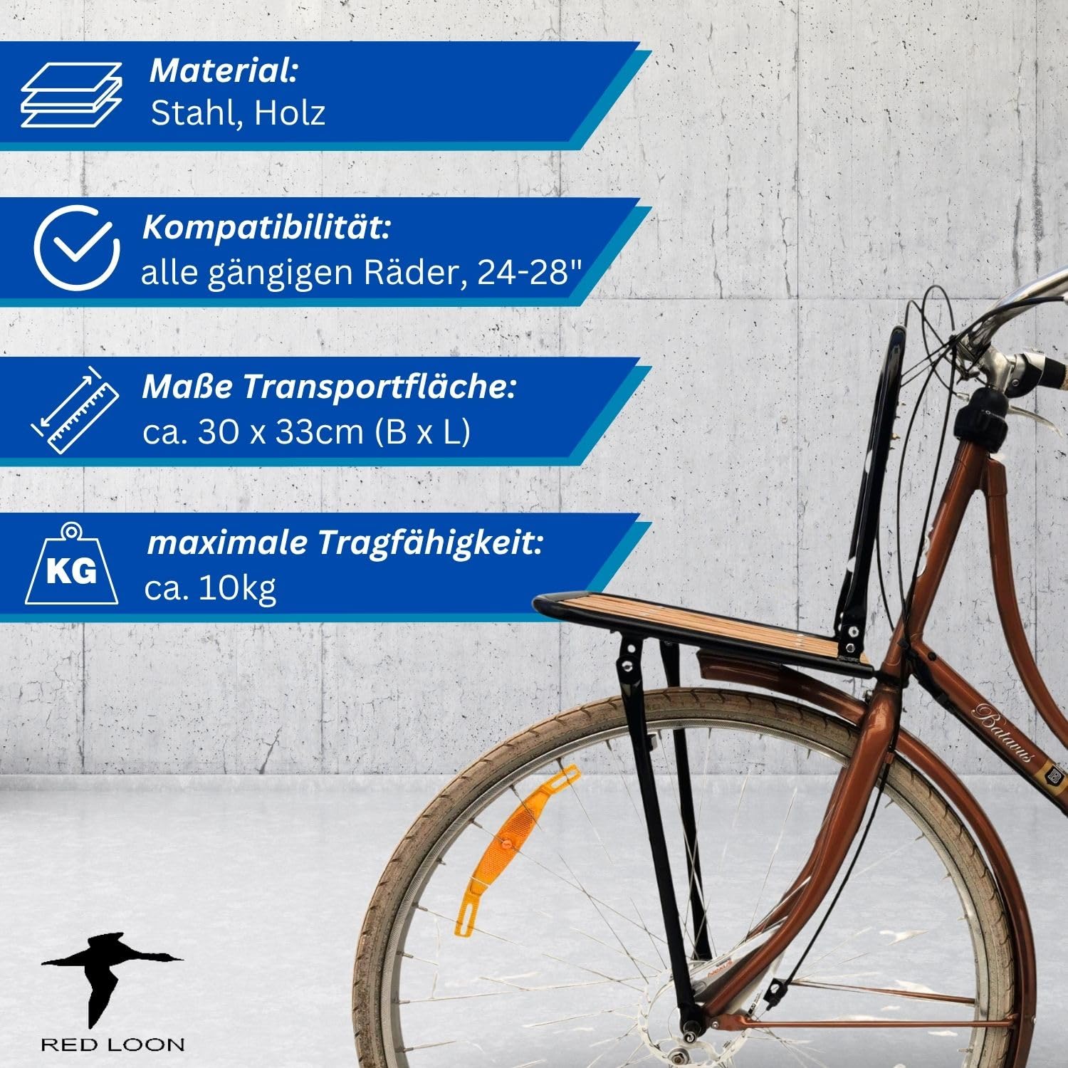 Fahrrad Gepäckträger vorne Frontgepäckträger - Fahrradgepäckträger Vorderrad - Red Loon Fahrrad Frontträger - Stahl/Holz - Gepäckträger vorne - Hollandrad Citybike