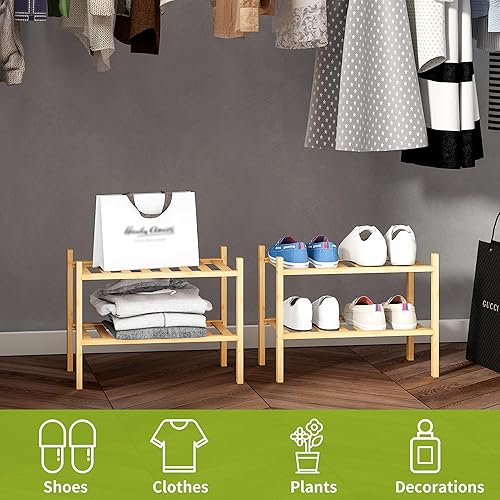 Miniatura 6 de BMOSU Zapatero pequeño de bambú de 2 niveles apilable de alta calidad, organizador de almacenamiento para pasillo, armario, sala de estar, entrada,