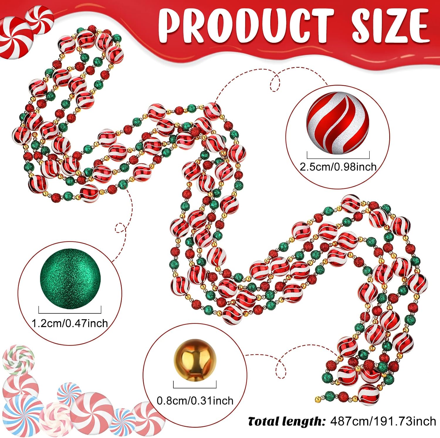 Jetec 16 ft Christmas Ball Garland Ornament Red White Green Stripe Candy Beaded Ball Ornament Hanging for Christmas Tree Retro Party Decorations
