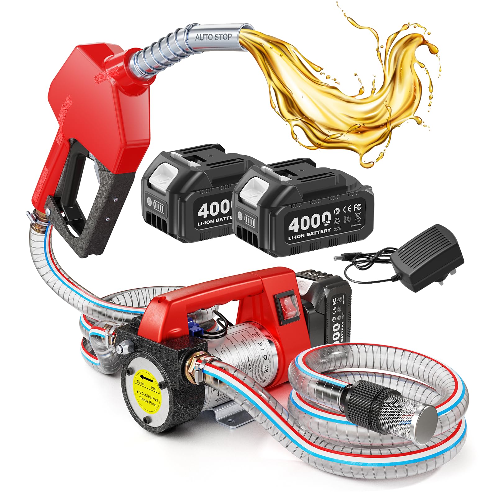 Dieselpumpe Akku 45L/Min, 21V Elektrische Kraftstoffpumpe Set mit Batterie, Tragbare Heizölpumpe mit Auto Shut-off Düse, 2x 2 m Schlauch für Diesel Kerosin