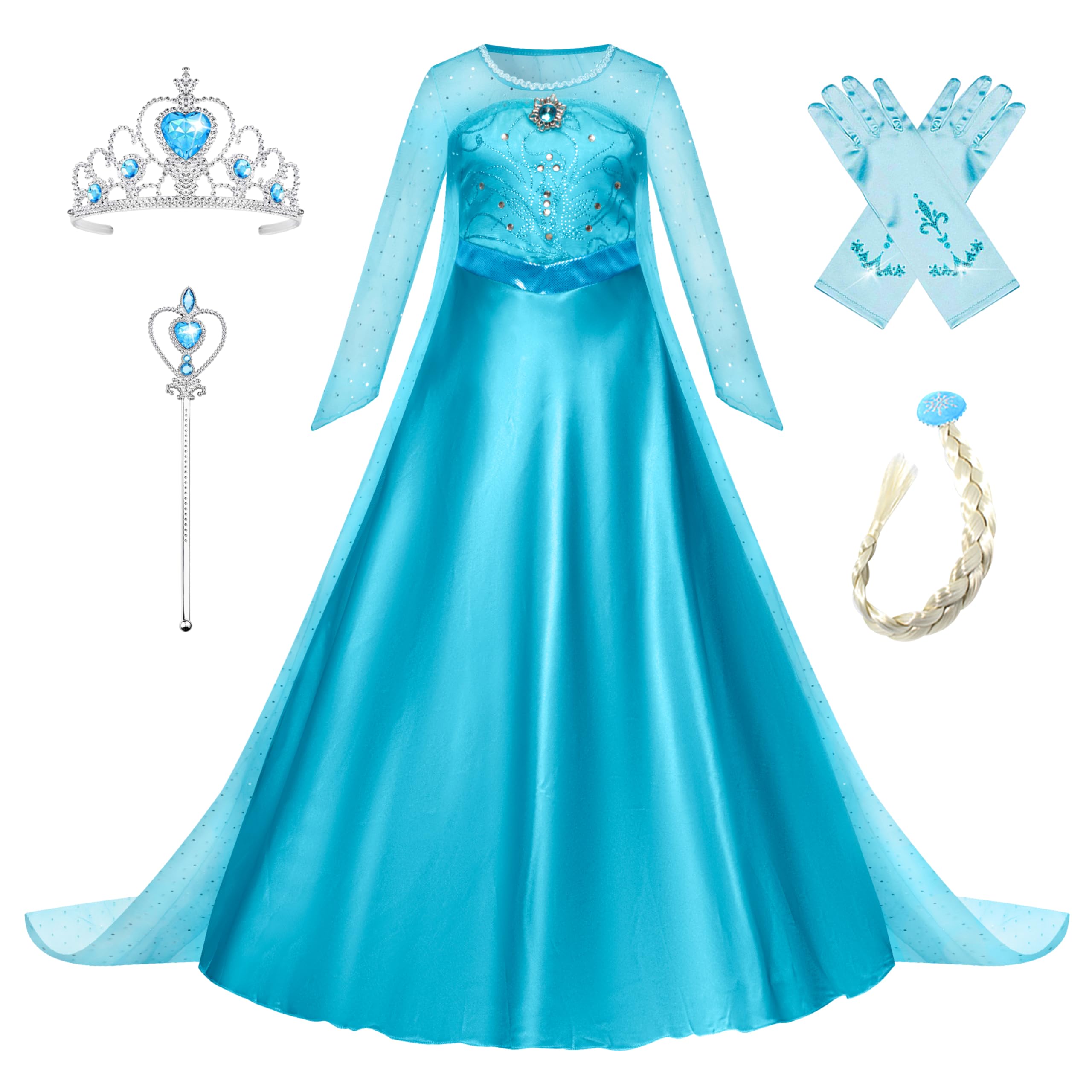 New front Niñas Vestido de Princesa Elsa Elegante Disfraz de Reina Frozen Festivo y Accesorios Corona,Vara,Trenza,Guantes Chica Cosplay Traje de Fiesta Carnaval Navidad Boda
