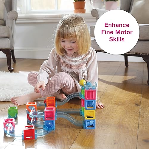 Miniatura 7 de Edushape Juguete magnético para bebés STEM Rolling Paths Marble Run - Torre apilable magnética con 4 bolas para el desarrollo cognitivo infantil,