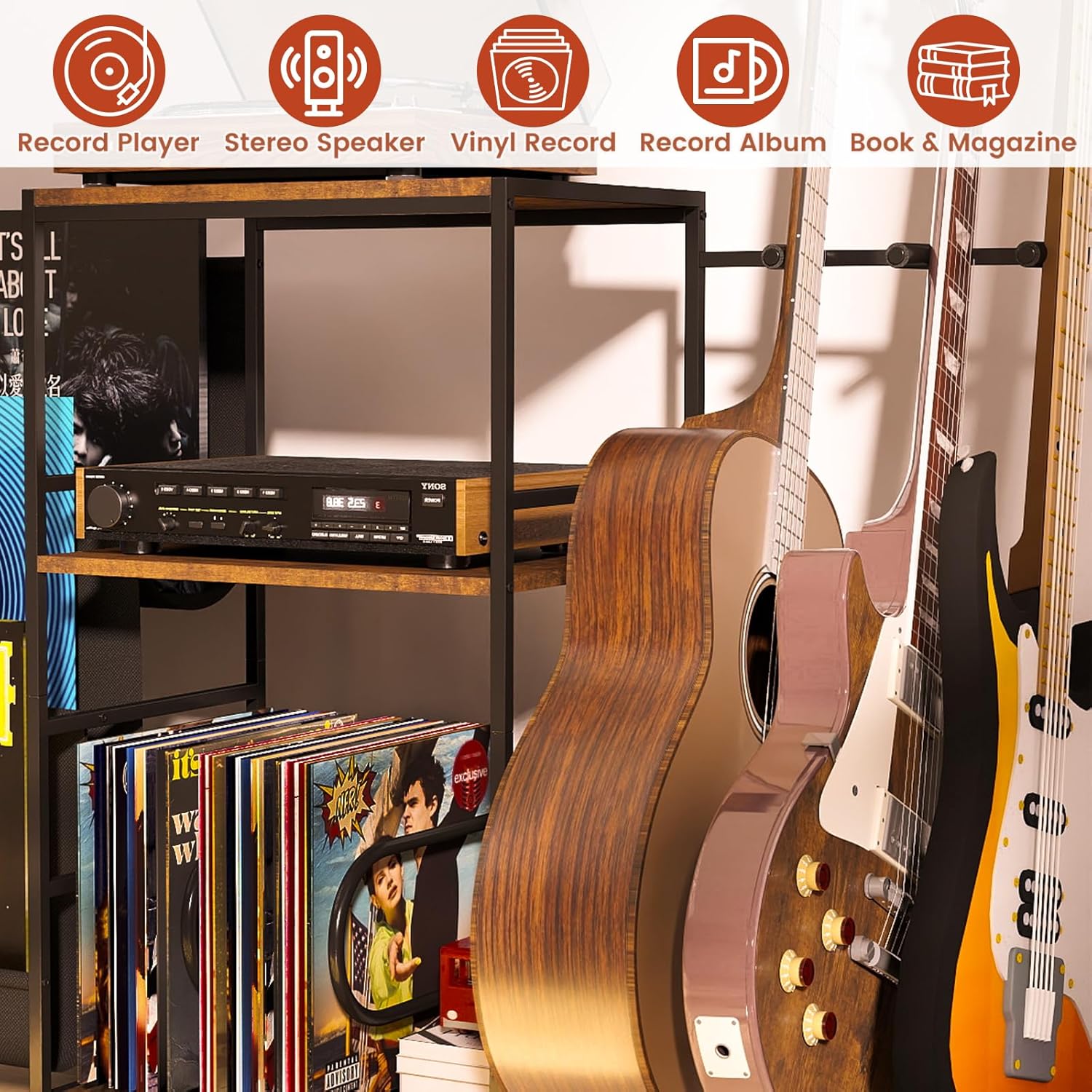 Guitar Stand for Acoustic Multiple Guitars Holder with 3-tier Storage Shelf, Guitars Display Rack Guitar Amp Accessories with Soft-Padded Protect