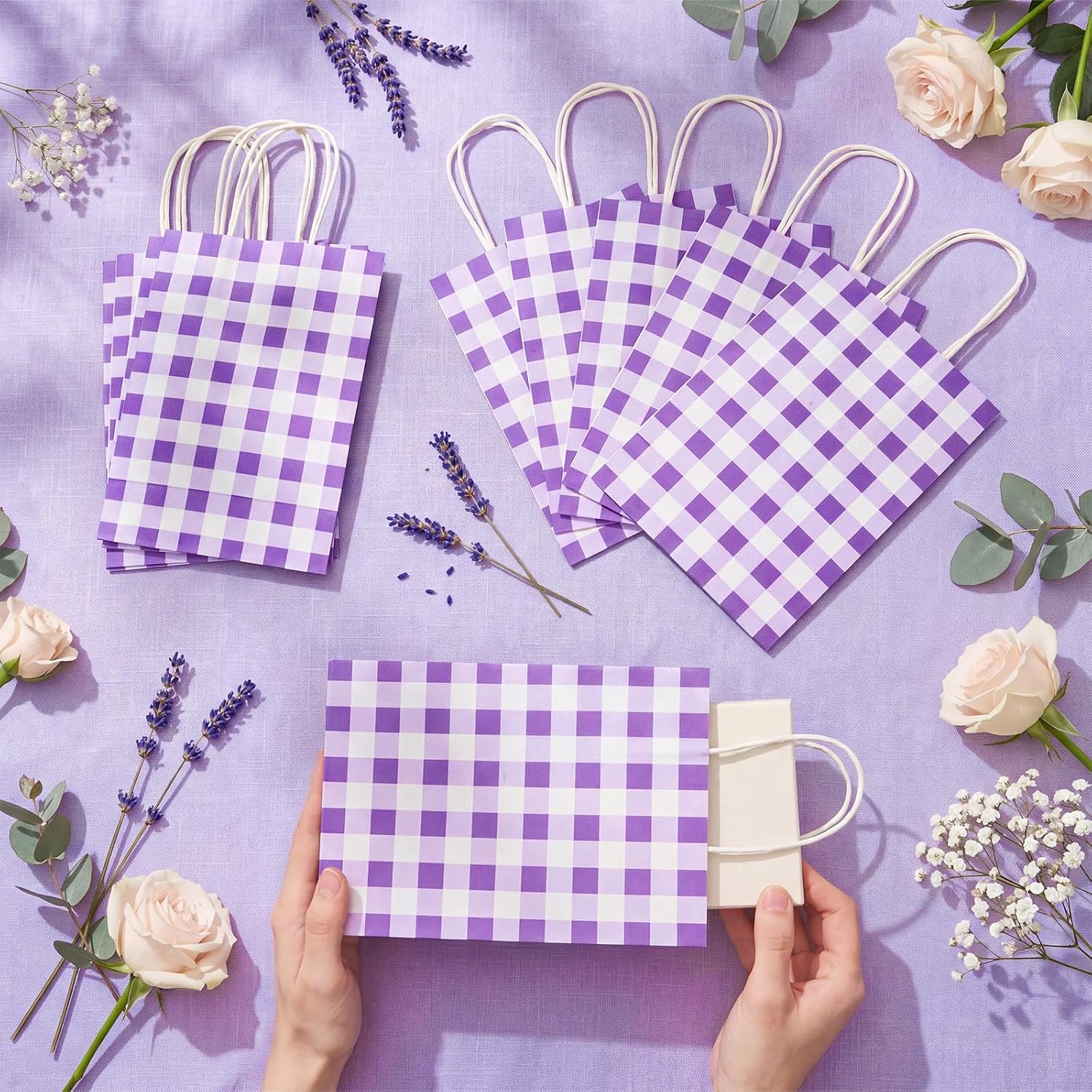 Chinco 30 Pcs Purple White Gingham Paper Gift Bags with Handles for Party image 3