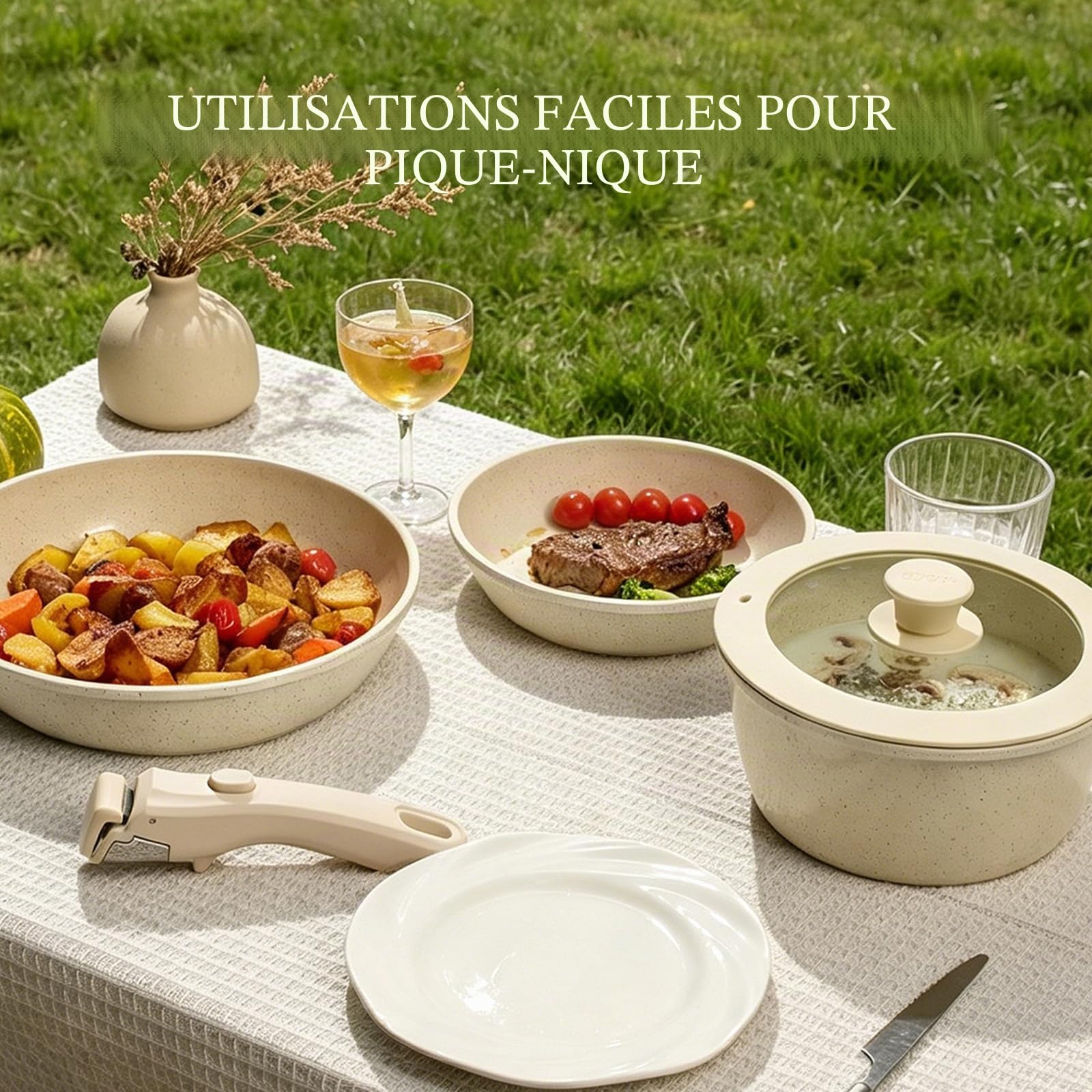 Set de 8 Pièces Casseroles et Poêles Antiadhésifs en Céramique, Sans PFOA — Compatible avec Induction/Gaz, Poignées Amovibles, Conception Empilable et Lavable au Lave-Vaisselle Blanc crème