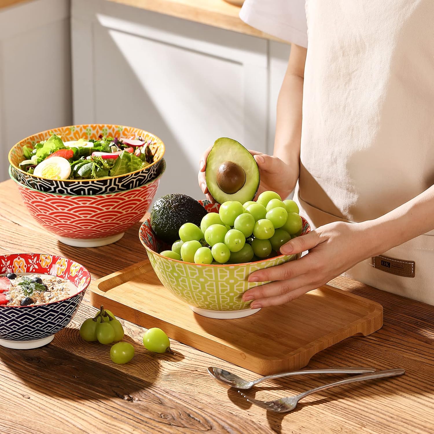 Metahom Salad Soup Bowls, Large Serving Bowls for Pho, Pasta Rarmen, 48 Oz Stackable Ceramic Bowls for Kitchen, Set of 3, Microwave & Dishwasher Safe