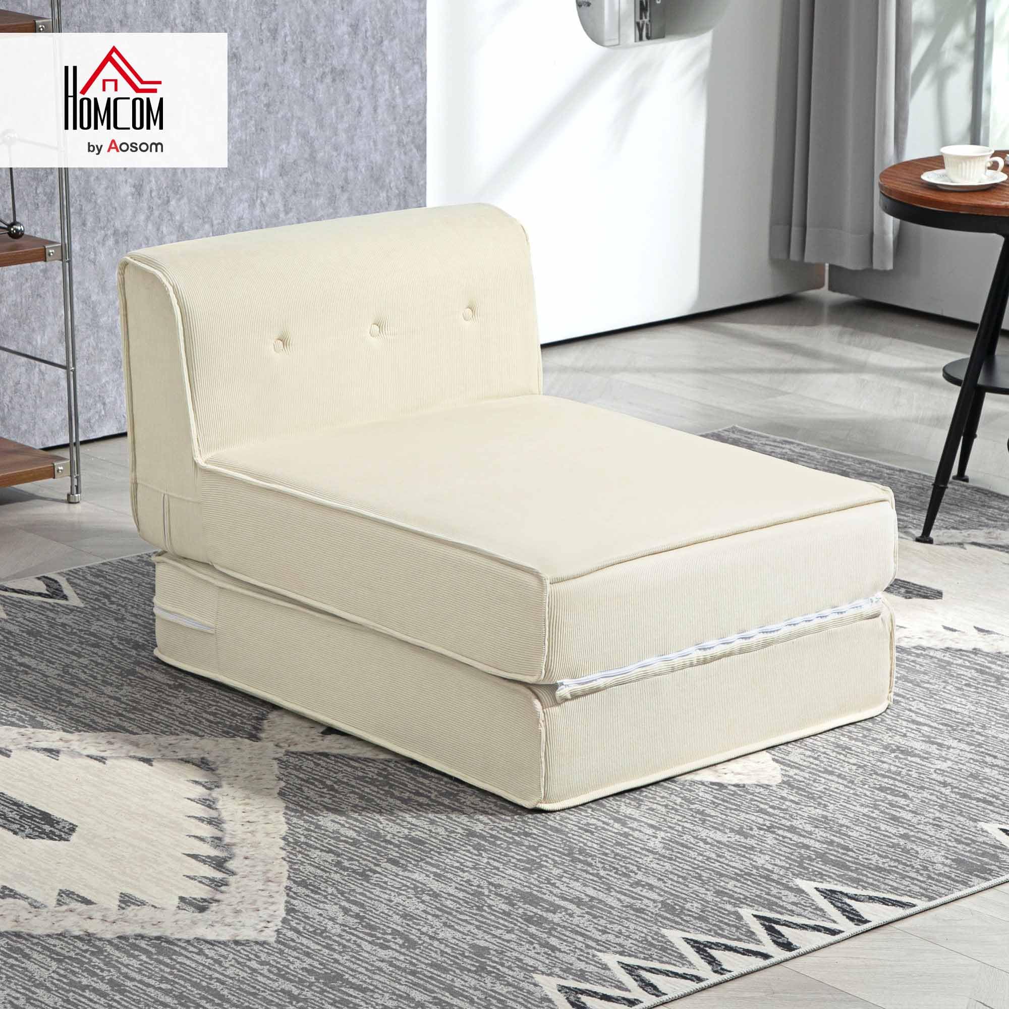 HOMCOM Fauteuil Convertible 1 Place Fauteuil Paresseux chauffeuse Une Place - Dossier capitonné, Matelas Pliable - pour invités, Salon, Charge 240 kg, Velours côtelé crème
