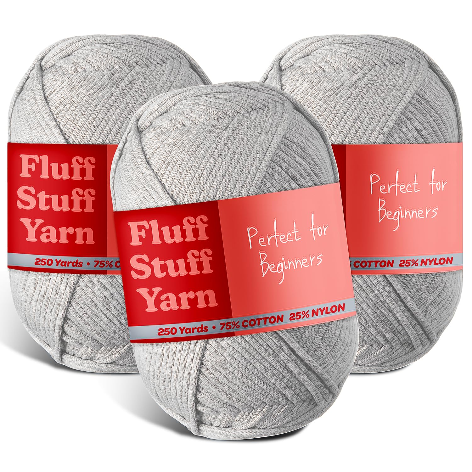 Soft Yarn – Crochet &amp; Knitting Yarn, Beginner Yarn with Easy-to-See Stitches, 3 Pack of 250 Yds Amigurumi Yarn, Cotton-Nylon Blend Tshirt Yarn, Worsted Weight Yarn 4, Light Grey