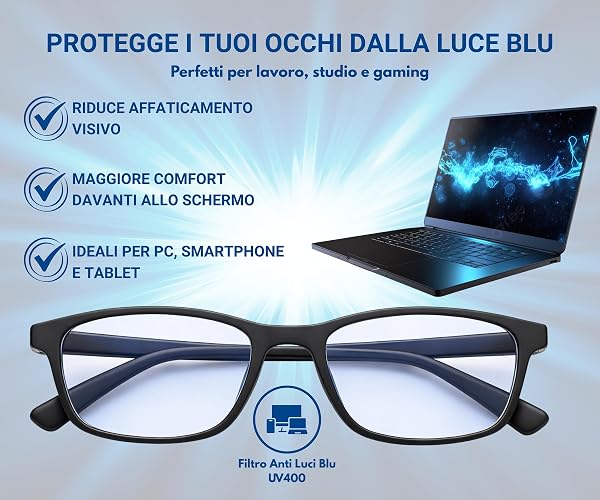 Occhiali Anti Luce Blu per PC, TV e Gaming|Filtro Blue Light|Ideali per Computer, Lettura e Lavoro|Uomo Donna|Leggeri e Riposanti|EXCLUSIVE MONTANA - 5