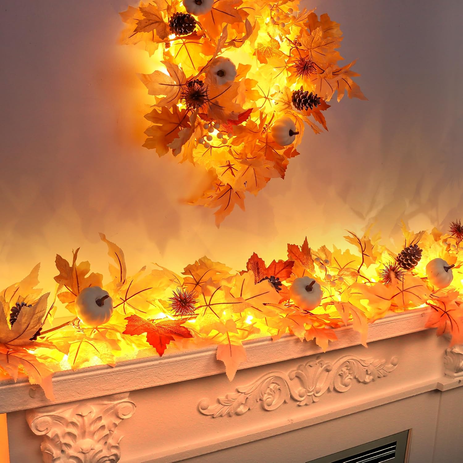 Fall Decor 6FT Lighted Fall Garland with Lights & Timer, Full Autumn Light Up Fall Leaf Mantle Garland with Pumpkin Berries Pinecone, Indoor Fall Thanksgiving Decorations for Home Fireplace Porch Door