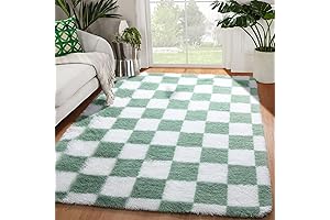 Fluffy Sage Green and White Checkered Area Rugs for Children's Bedroom
