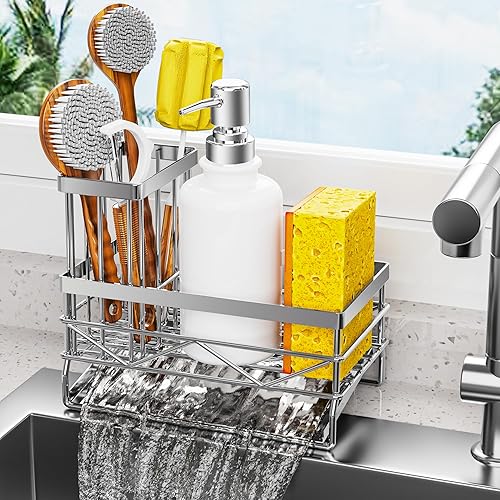 Sink Caddy Sponge Holder for Kitchen Sink with Brush Holder and Stainless Steel Self Drain Tray, Rustproof Kitchen Sink Organizer for Sponge, Soap Dispenser Storage Kitchen Accessories(Silver, Small)