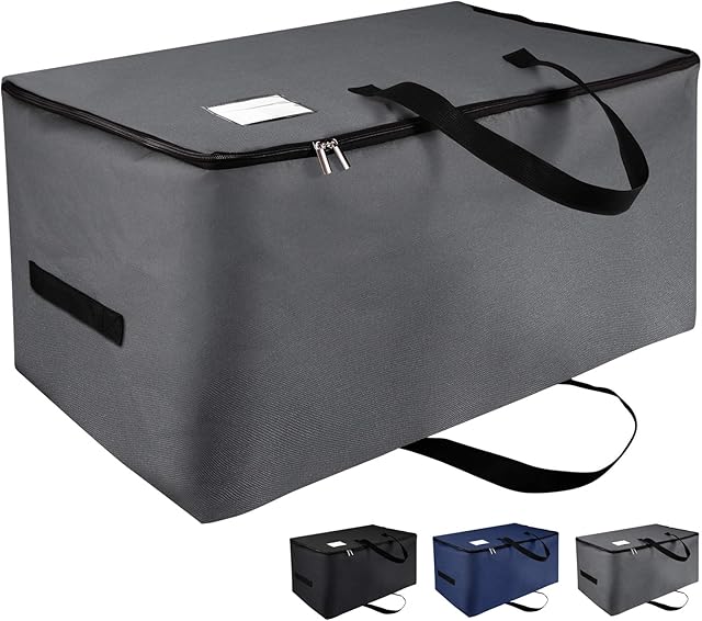 IHOMAGIC Large Storage Containers Bag 100L, Foldable Moving Bag Zippered Clothes Organizer with Handles and Clear PVC Pocket for Storage Blanket, Comforter, Duvet, Room Essentials (Dark Grey, L)
