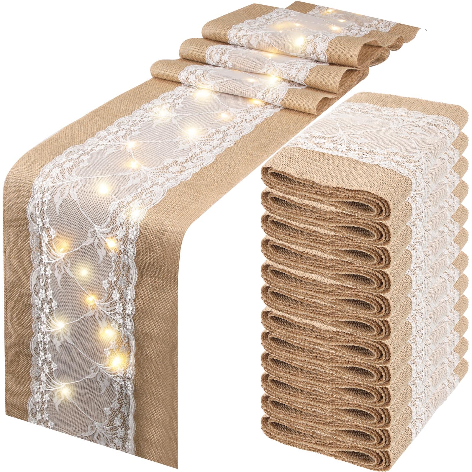 Xinnun Lot de 12 chemins de table en toile de jute avec lumières - 30,5 x 274,3 cm - Décorations rustiques pour mariage, fête à la maison (vigne)