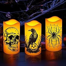 Halloween Decorations Indoor Flameless Candles Flickering Lights with Skull Spider Webs Crow Pumpkins Bats Witch, 6 Hrs Timer for Home Window Mantel 3 Pack