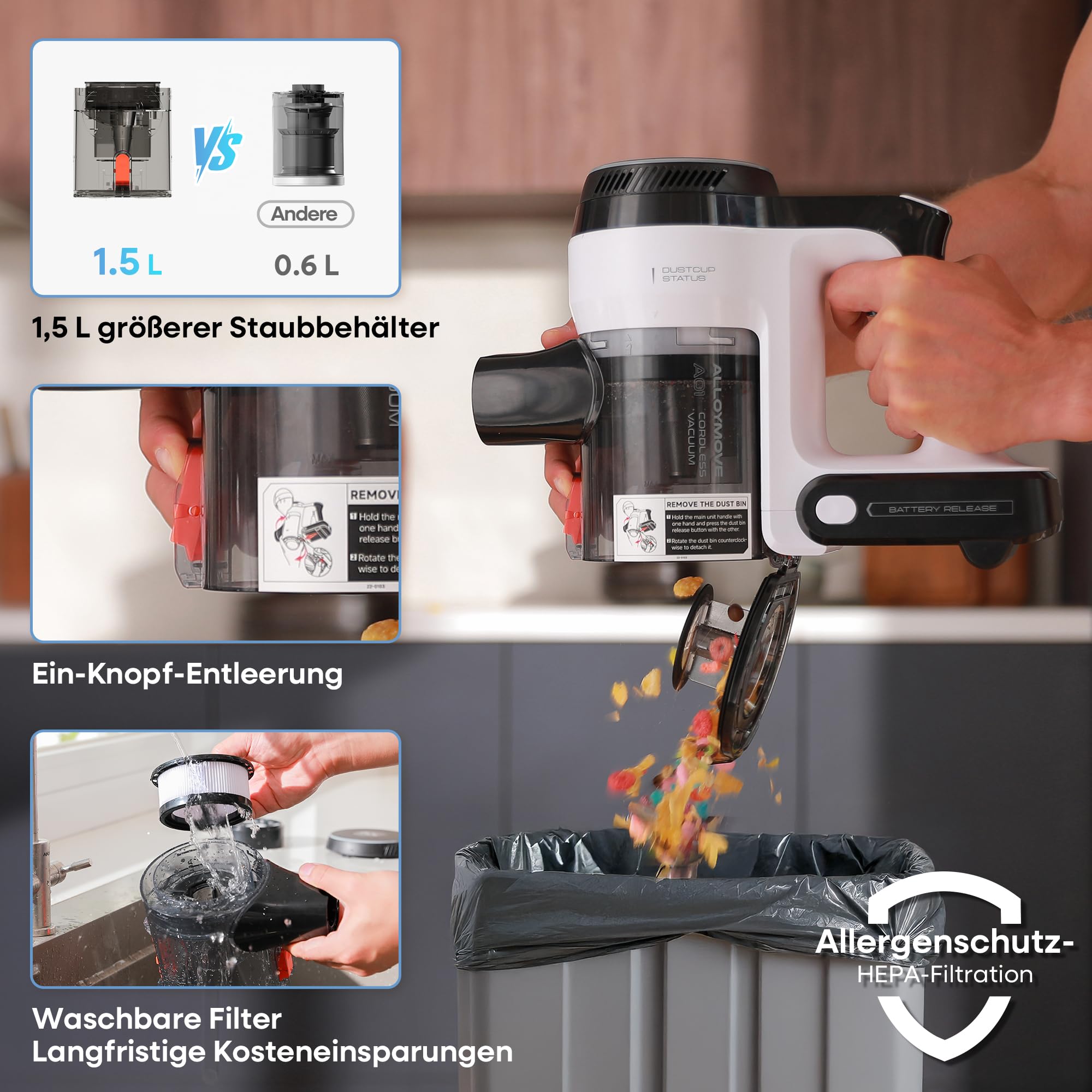 AlloyMove Akku Staubsauger 50000Pa/550W/70Min, 1.5L Staubsauger Kabellos mit Anti-Tangle-Bürste und Wandladestation, 7-Schicht-Filtersystem Super Leise für Tierhaare/Teppiche/Hartböden/Auto A01