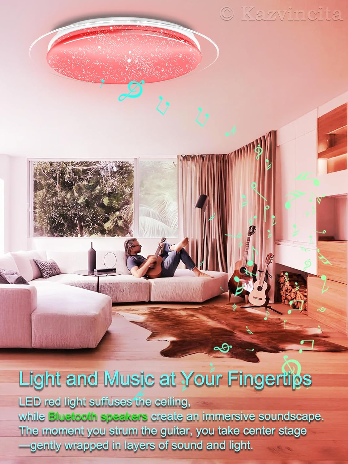 WF-Version LED Ceiling Light with Speaker 40W 15Inch Control via app/Voice/Remote Adjustable Brightness & Color Temperature Ceiling Lamp RGB Ambient Lighting for Bedroom Kids Room and More