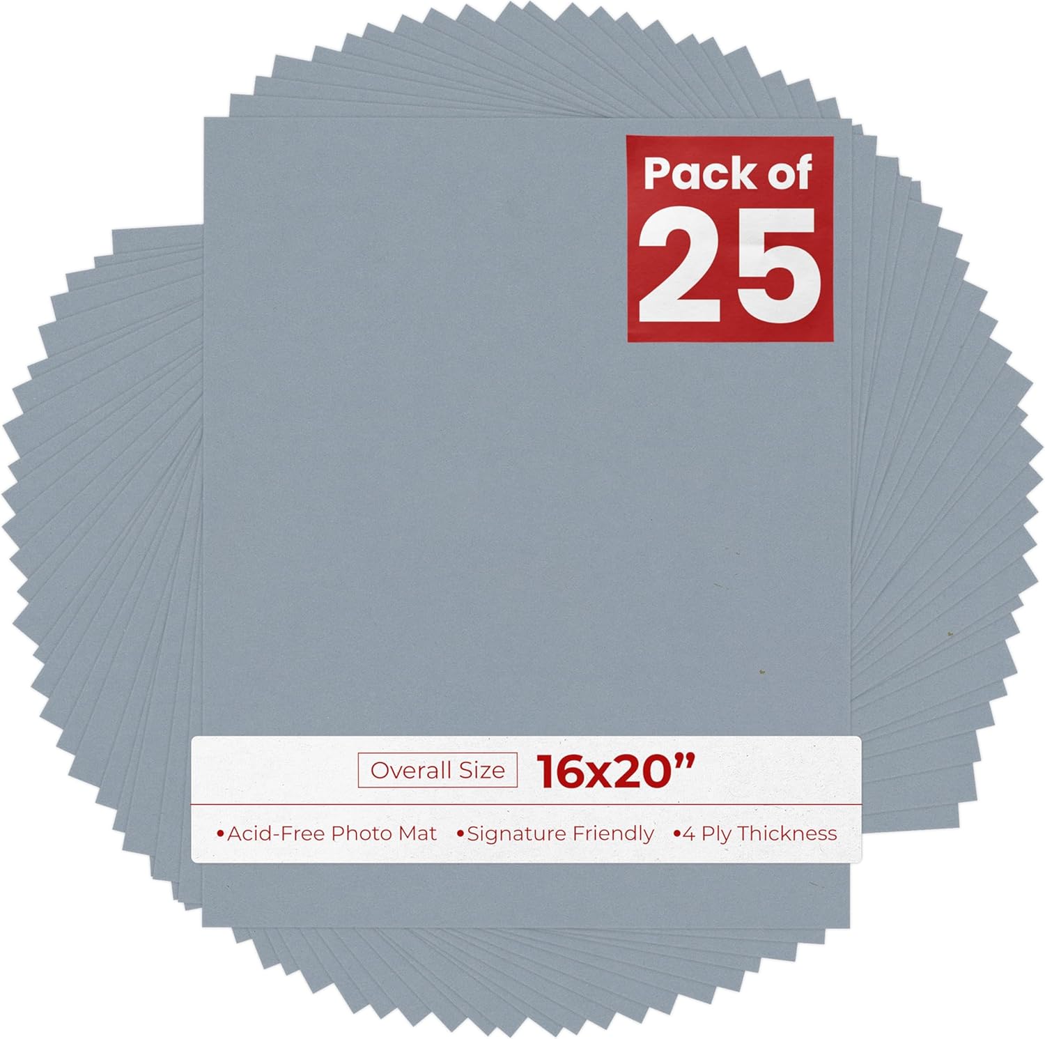 Mid Grey 16x20 Backing Board - Uncut Photo Mat Board (25-Sheets)
