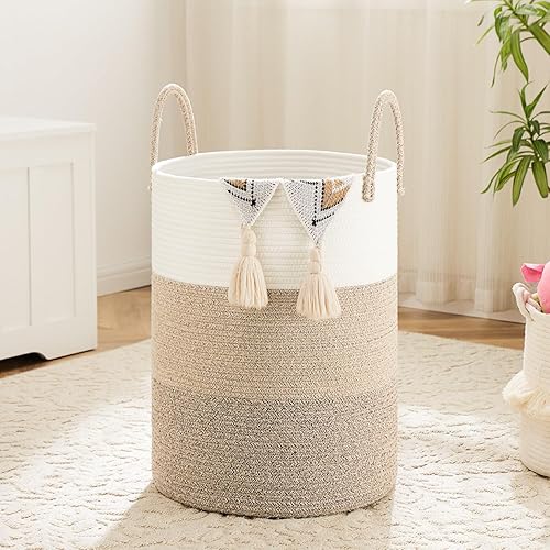 Cesta de lavandería de cuerda de algodón tejida, 60 litros para almacenamiento decorativo de ropa sucia, juguetes y mantas en el baño, dormitorio y