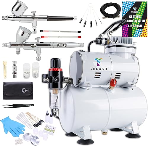 Kit de aerógrafo con compresor de tanque de aire, 2 aerógrafos de gravedad de doble acción con boquilla de 0.008 in, 0.012 in, 0.020 in, compresor