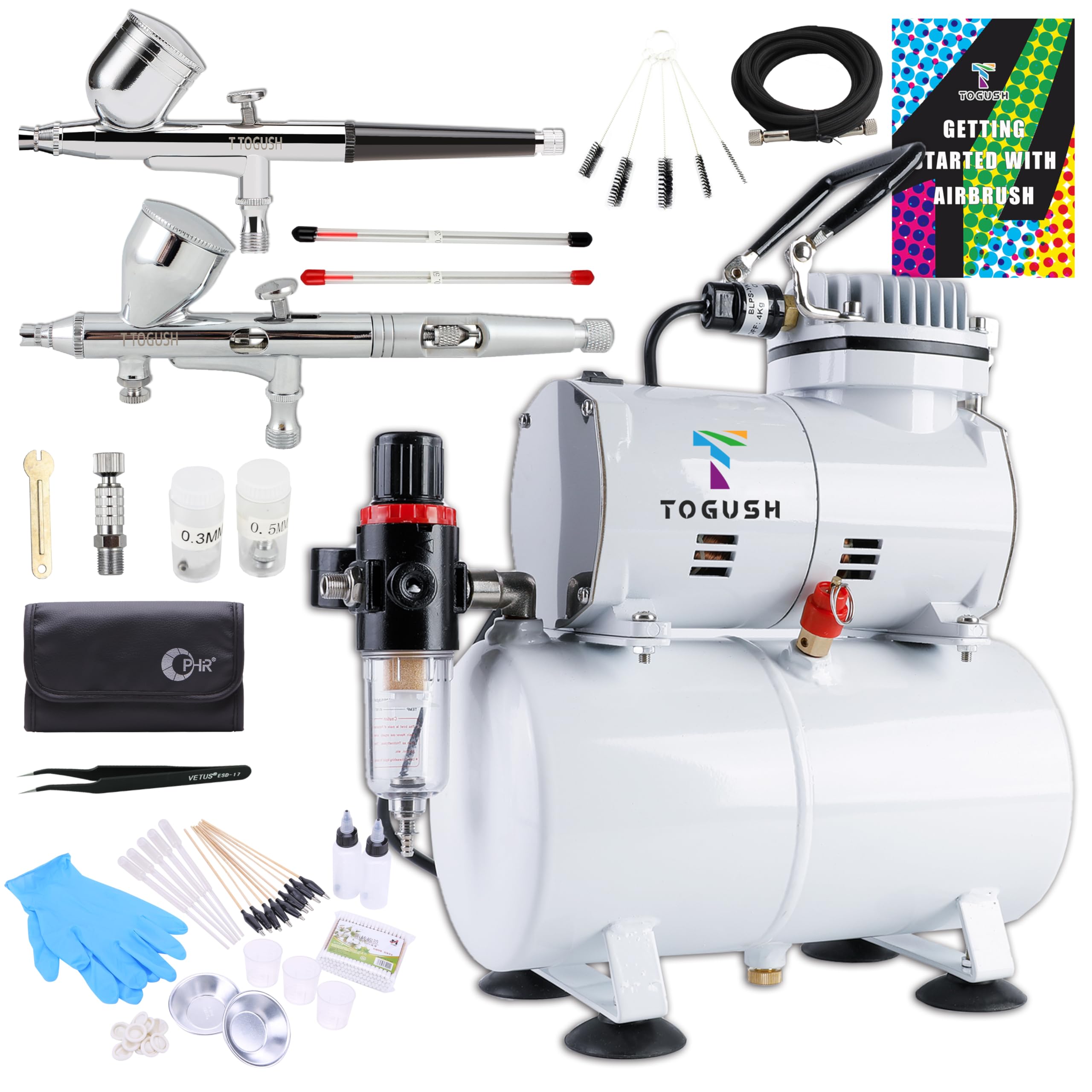 Airbrush Set mit Lufttankkompressor, 2 x doppelt wirkende Schwerkraftzufuhr Airbrush-Pistole mit 3 Düsen-Sets (0,2 mm, 0,3 mm, 0,5 mm) für Luftschlauch, Werkzeug