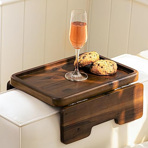 HOLANA Acacia Couch Armrest Table with 360° Rotating Phone Holder,