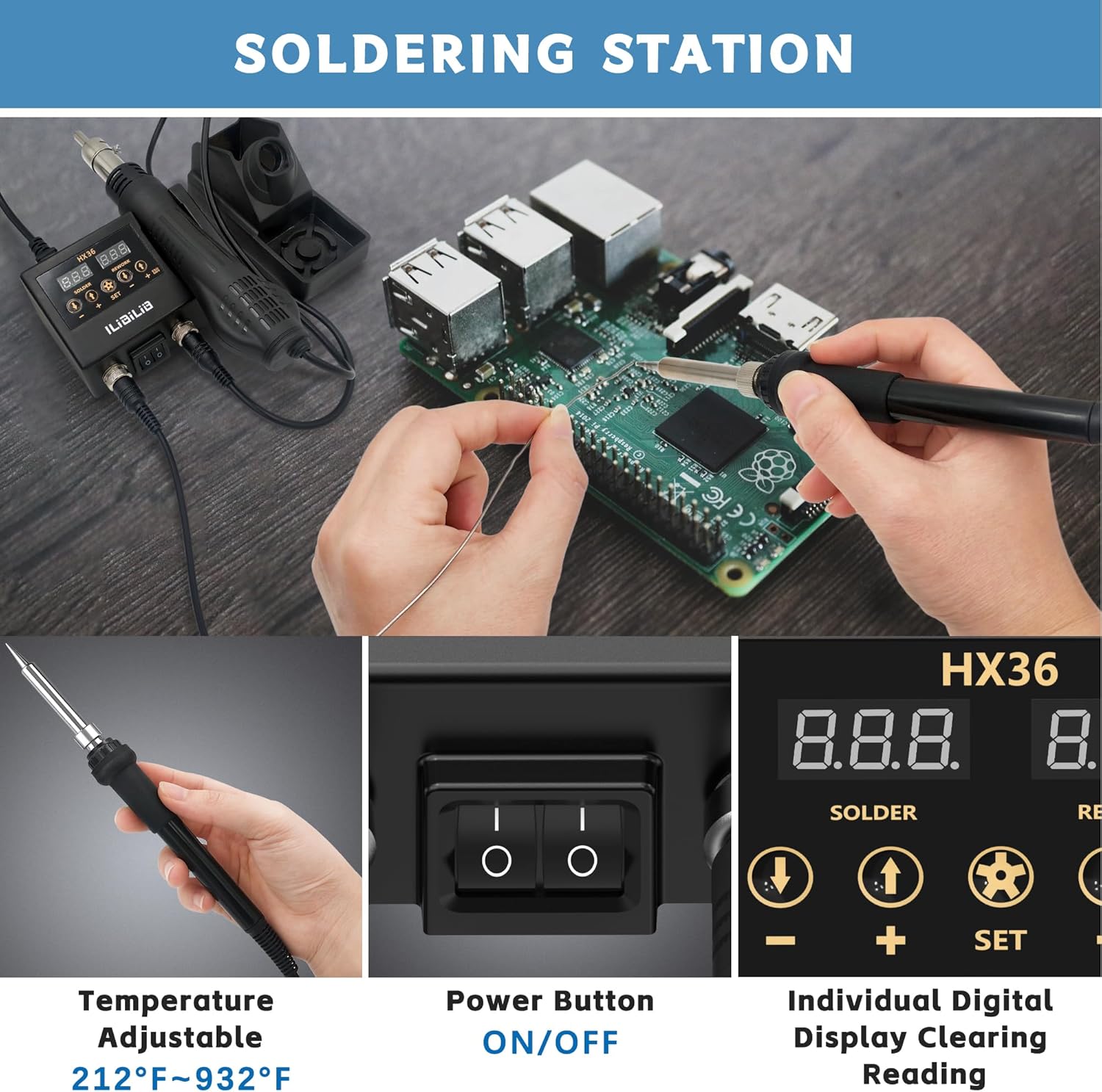 Soldering station controls with power button and temperature display