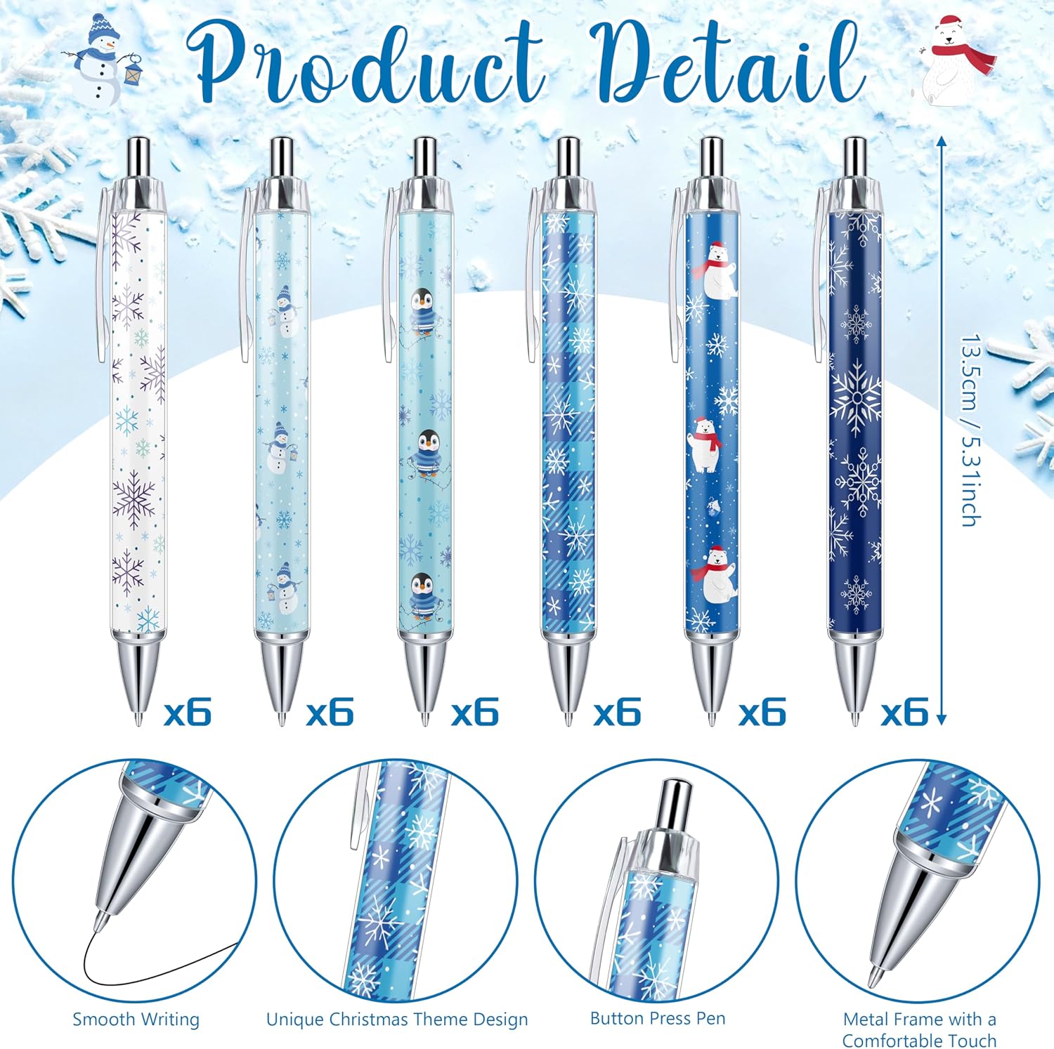 THAWAY 73 Pcs Christmas Pens and Notepads Set, 36 Ballpoint Pens and 36 Sticky Notes with Ribbon, Blue Snowman Snowflake Theme Xmas Bulk Gifts for Winter Party Favors and School Office