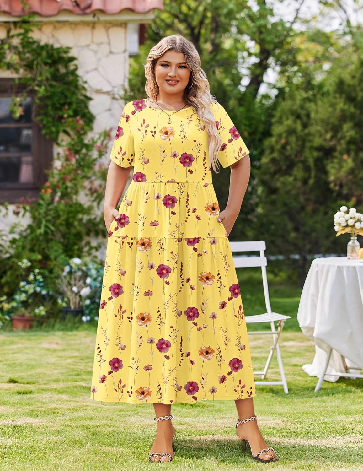 IN'VOLAND Plus Size Casual Dress for Women Bohemian Short Sleeve Flowy Loose Maxi Summer Beach Swing Dresses with Pockets - Image 2