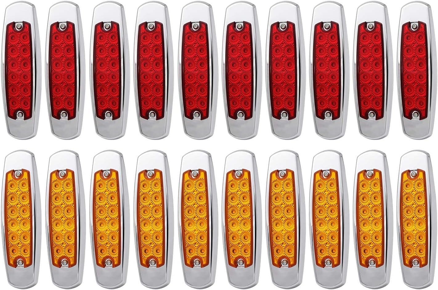 LEDVILLAGE 20x 12V DC 6.4 Inch 10 Amber 10 Red 12 LED Clearance Side Marker Lights Lorry Trailer Truck RV Chrome Housing