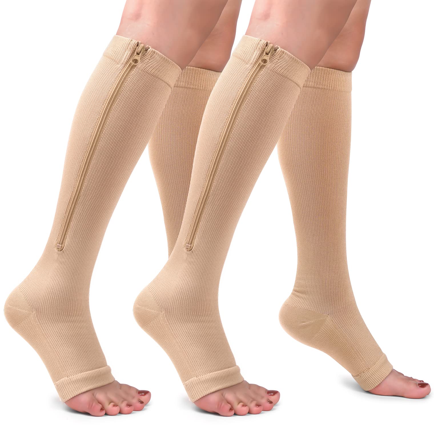 2 pares de calcetines de compresión con cremallera de cobre de 15-20 mmgh-pantorrilla hasta la rodilla de punta abierta de apoyo media de compresión