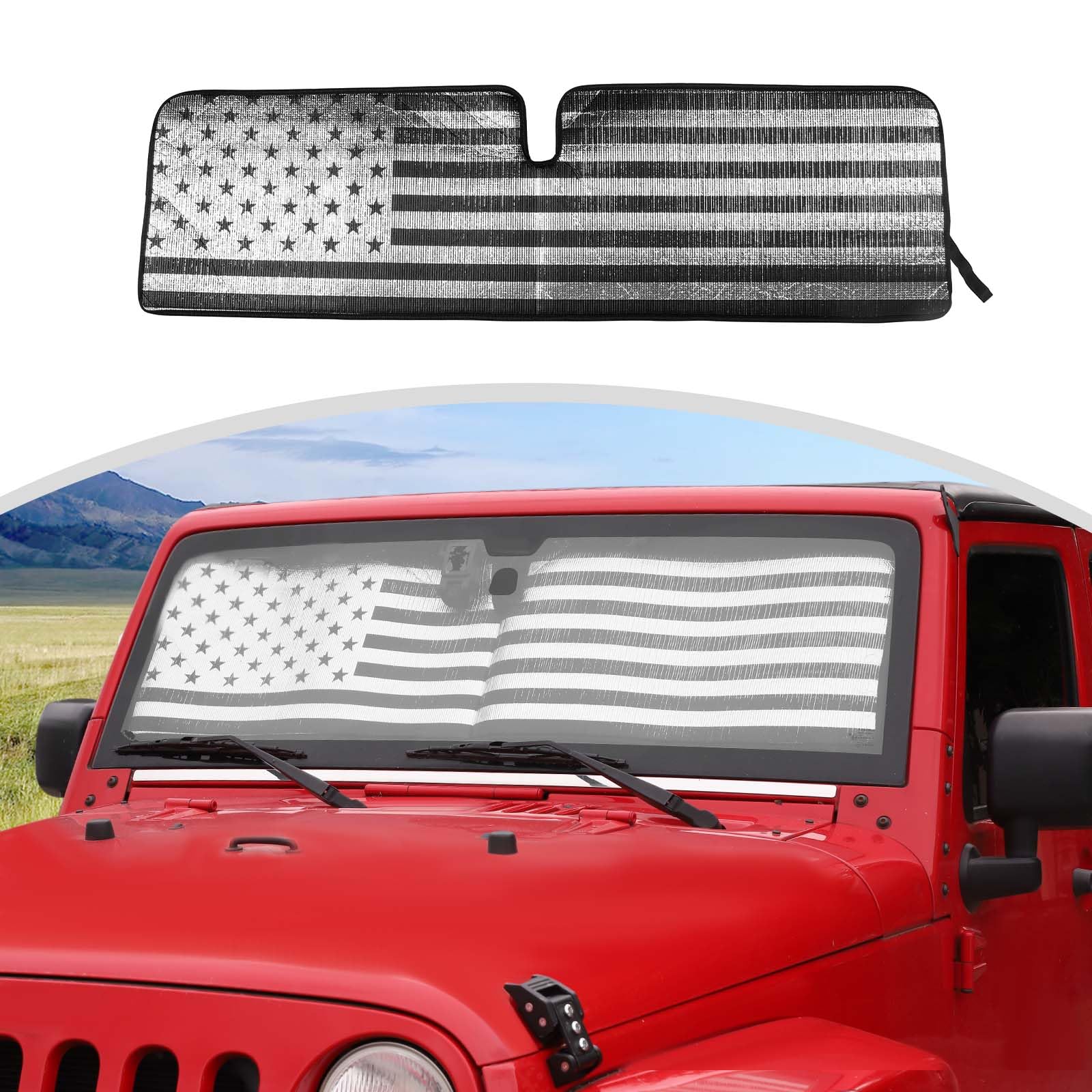 CherCar for Jeep TJ JK American Flag Front Windshield Sunshade Anti UV Rays Sun Visor Shade Cover Decor Trim for 1997-2018 Jeep Wrangler TJ JK
