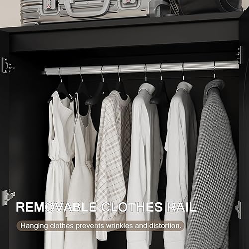 Miniatura 4 de Armario con 2 puertas y 2 cajones, armario de almacenamiento independiente con estantes, armario alto de almacenamiento de ropa adecuado para