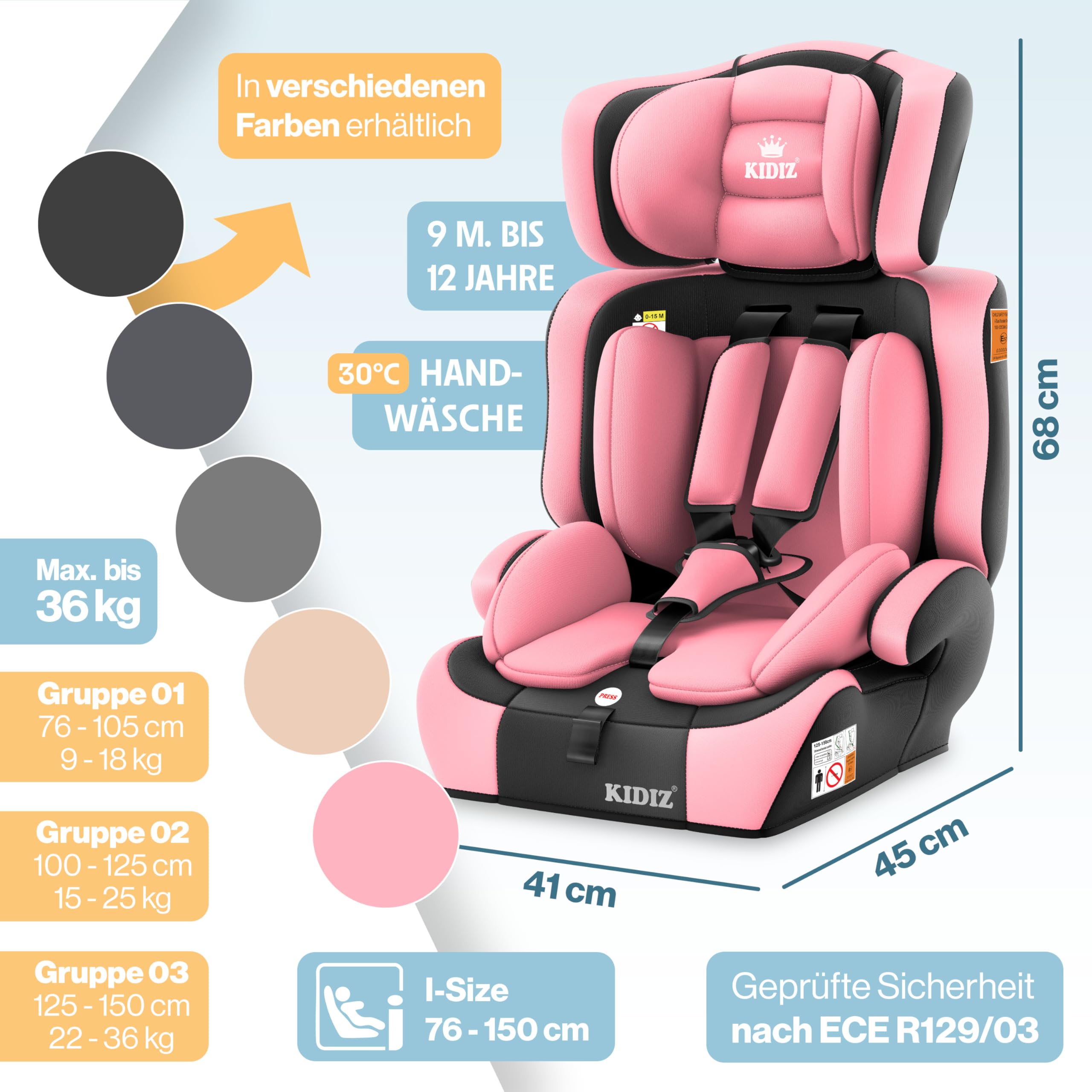 KIDIZ® Siège auto i-Size R129 de 100 à 150 cm à 12 ans, groupe 1/2/3, sans isofix, siège enfant évolutif, ceinture 5 points et appuie-tête réglable en hauteur, rose