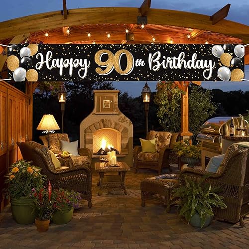 Vista 70 de Cartel de feliz cumpleaños 25 negro y dorado para patio, cartel de felicitación a 25 años de edad, telón de fondo fotoprop para el hogar, decoración