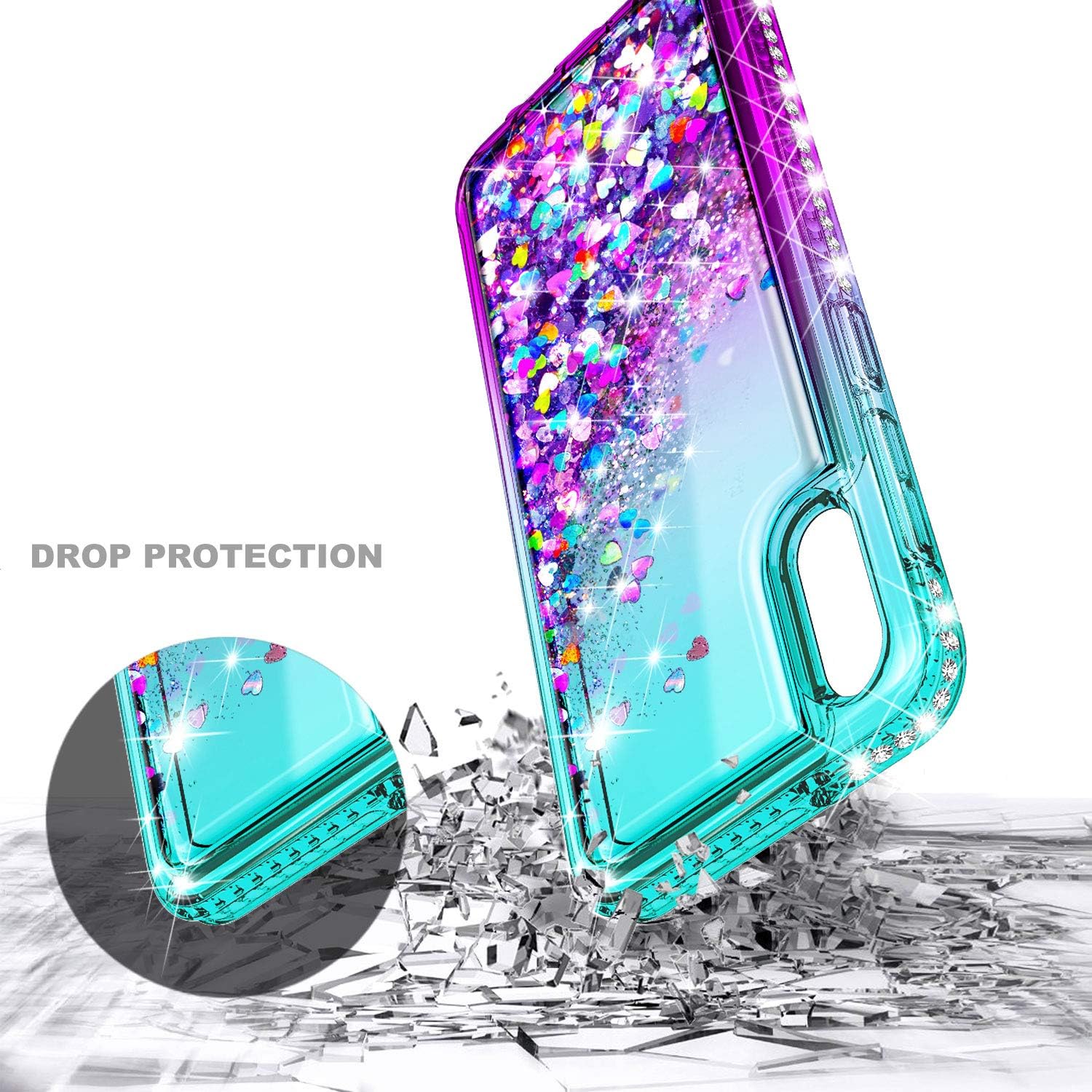 Galaxy A10E Case with Tempered Glass Screen Protector (Full Coverage), NageBee Glitter Liquid Floating Waterfall Durable Girls Women Cute Case for Samsung Galaxy A10E -Aqua/Purple