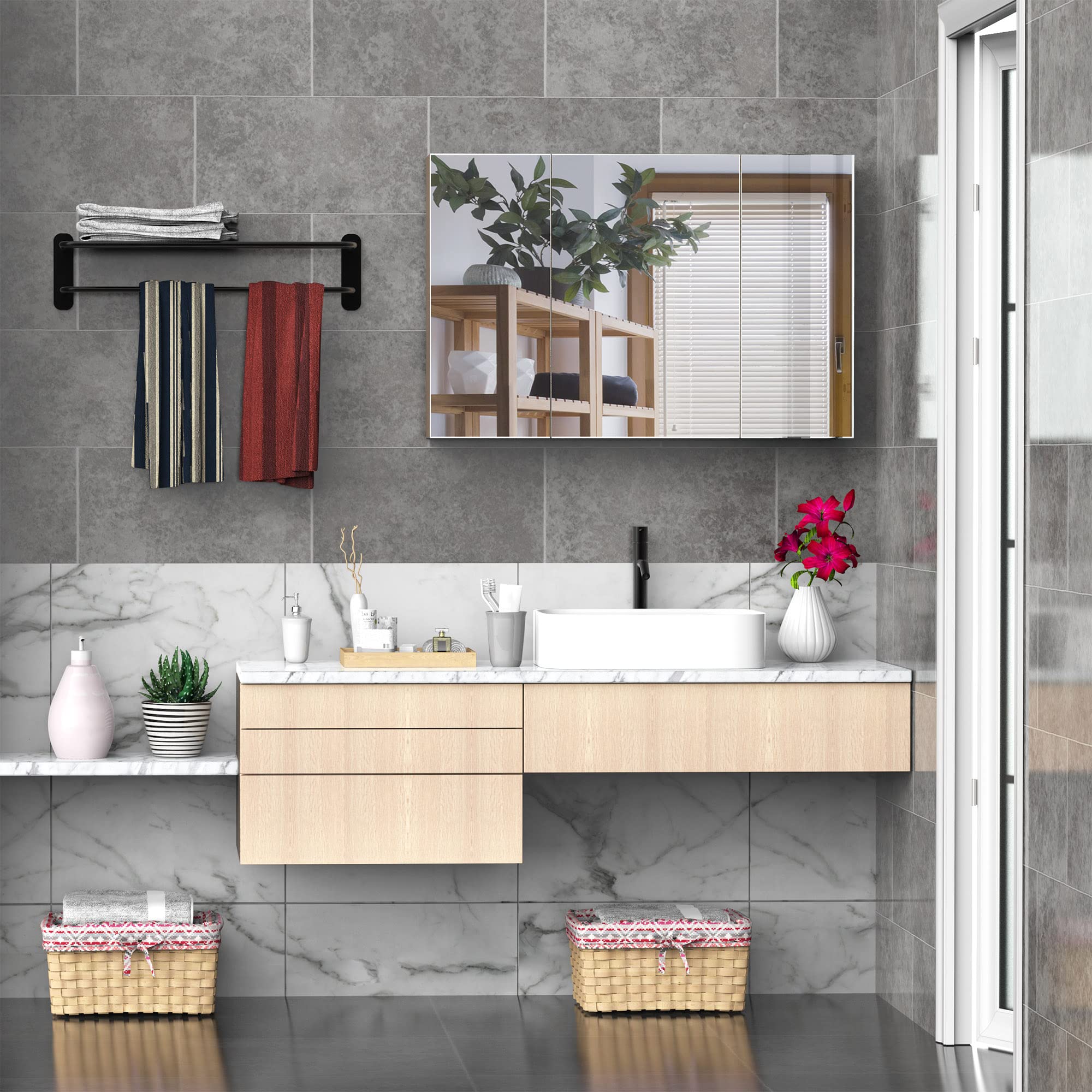 kleankin Specchio Bagno Contenitore con 3 Ante a Specchio Soft Close, Specchiera Bagno con Ripiani Regolabili in Legno e Vetro, 90x13.5x60 cm, Color Legno