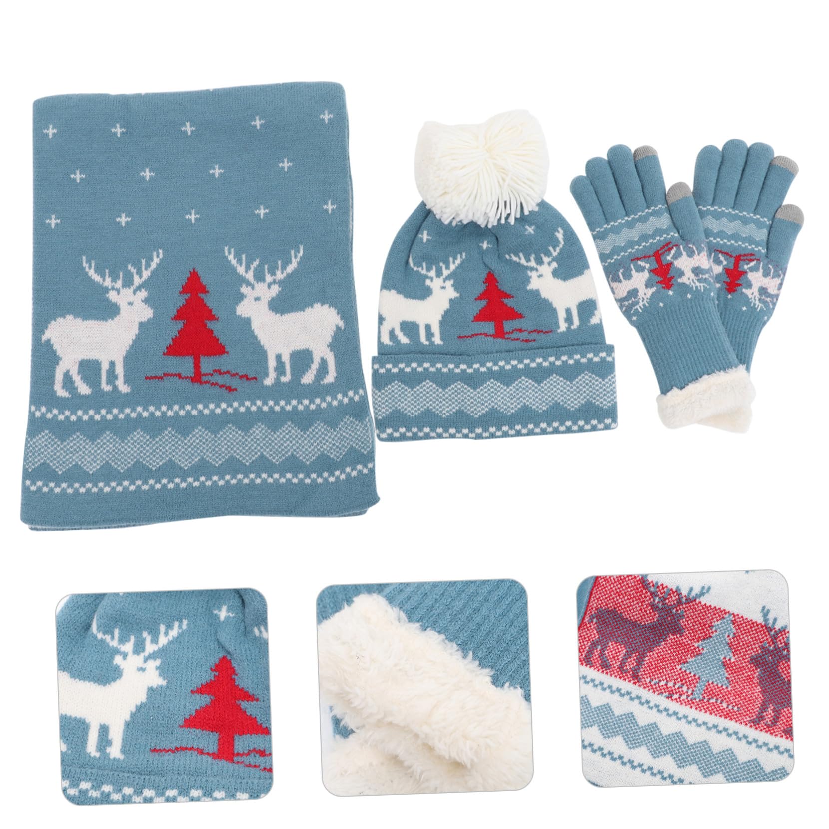 Ipetboom Weiches Warmes Weihnachts Strickset Damen Mütze Schal Handschuhe Winddicht Gestrickt Kuschelig für Winter Ski Party Familie Vielseitig Blau
