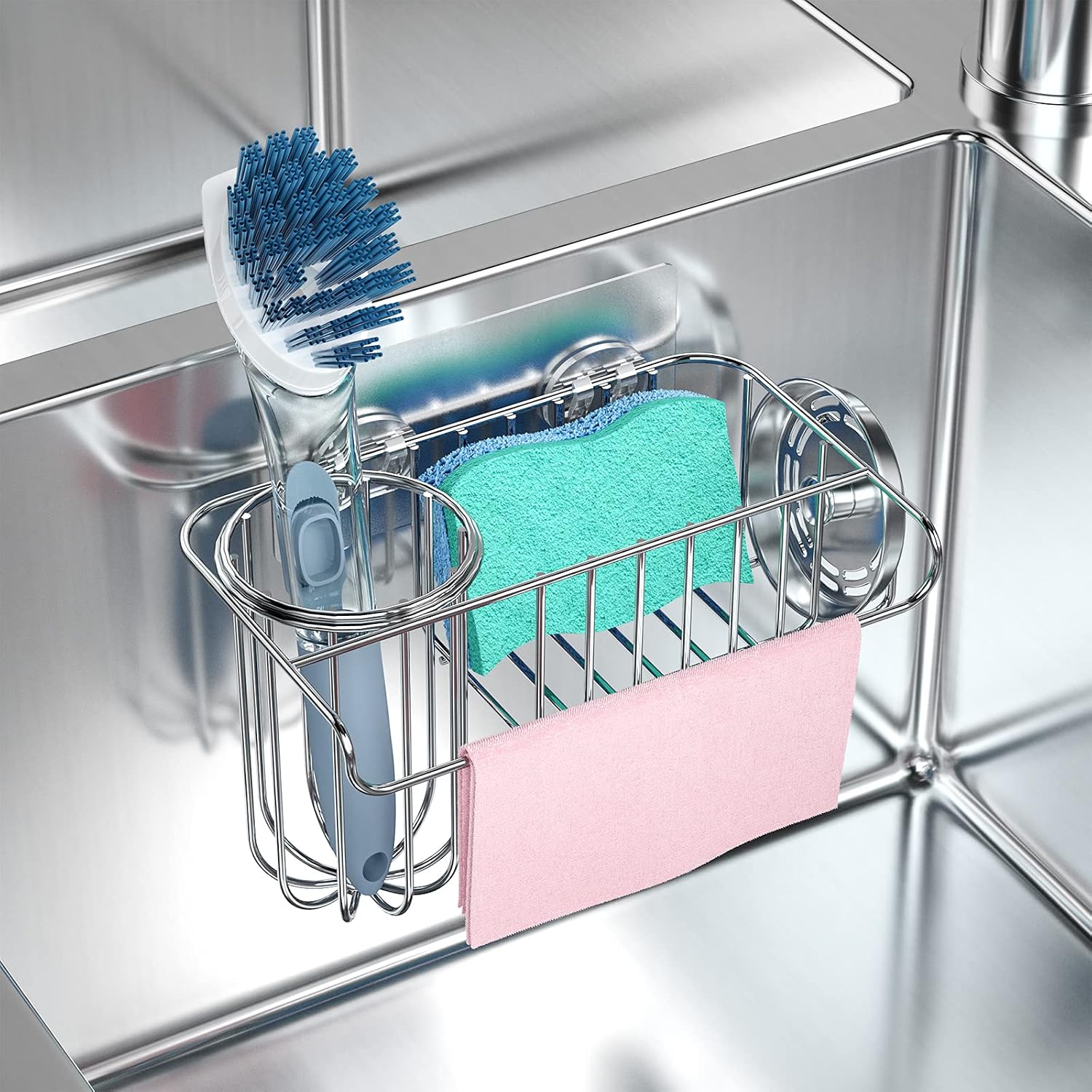 HapiRm Multifunctional Sink Sponge Holder with Dishcloth Holder, SUS304 Stainless Steel Sponge Holder for Kitchen Sink, Two Installation Methods Kitchen Sink Organizer-Silver