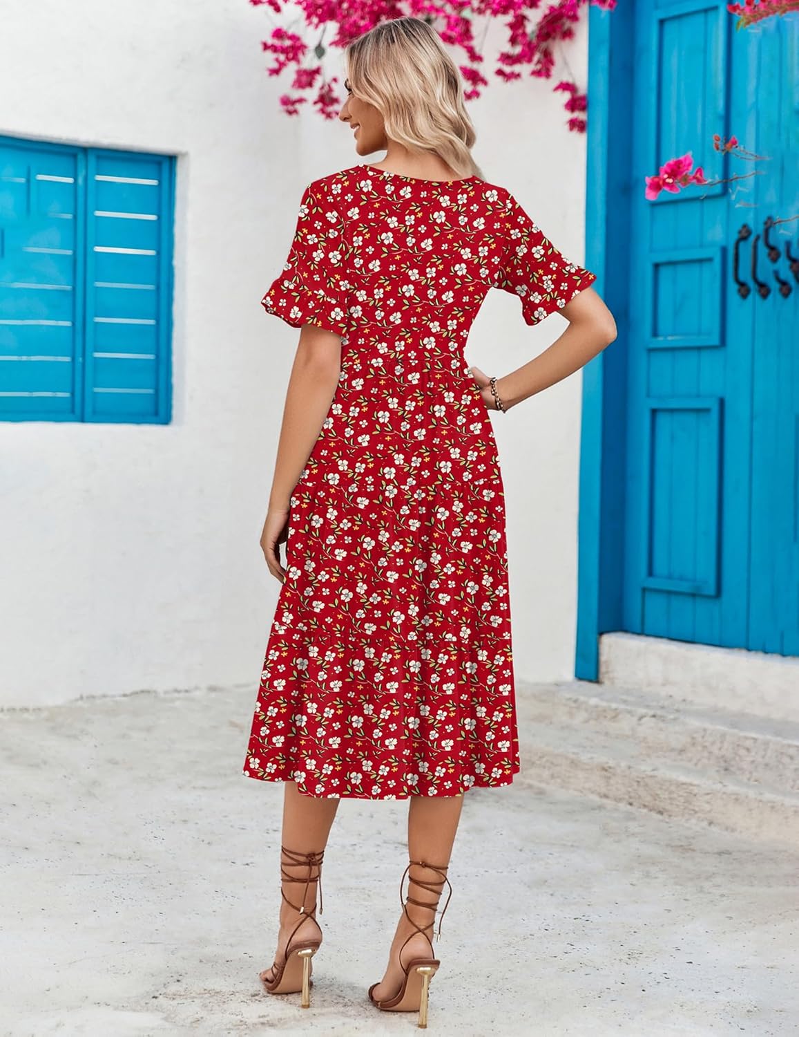 ZEAGOO Women's Summer Dresses Midi Tiered Casual Dress Floral V Neck Ruffle Short Sleeve Flowy Beach Dress with Pockets - Image 6