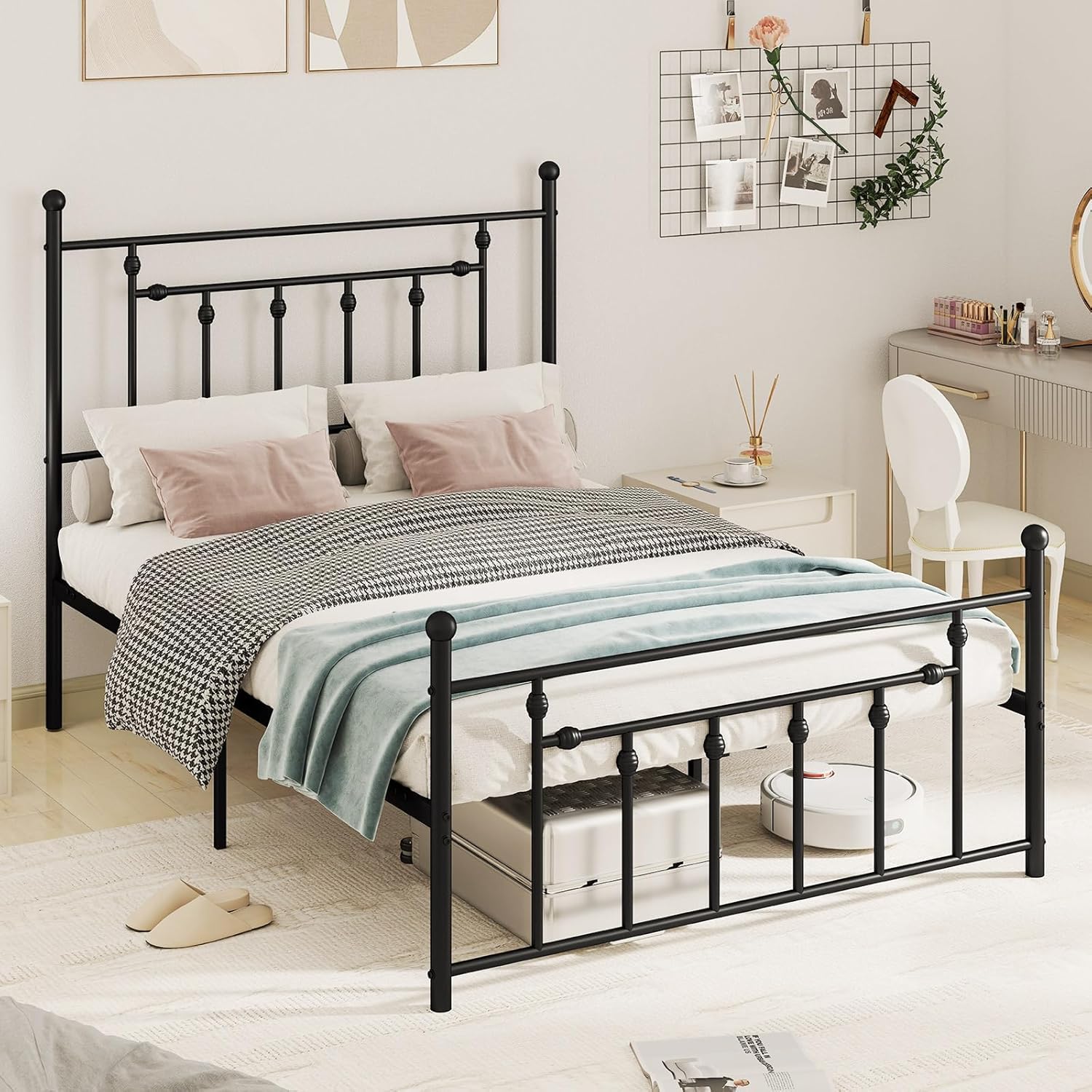KOMFOTT Full Size Metal Bed Frame with Headboard & Footboard, Victorian Style Heavy-Duty Platform Bed with 12.5” Under-Bed Storage & Metal Slats Supported, No Box Spring Required, Mattress Foundation