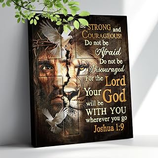 Jesus and Lion Canvas Wall Art Christian Lion Judah Wall Decor Religious Bible Verse Be Strong And Courage Pictures Inspirational Scripture Framed Artwork for Living Room Bedroom 12"X16"