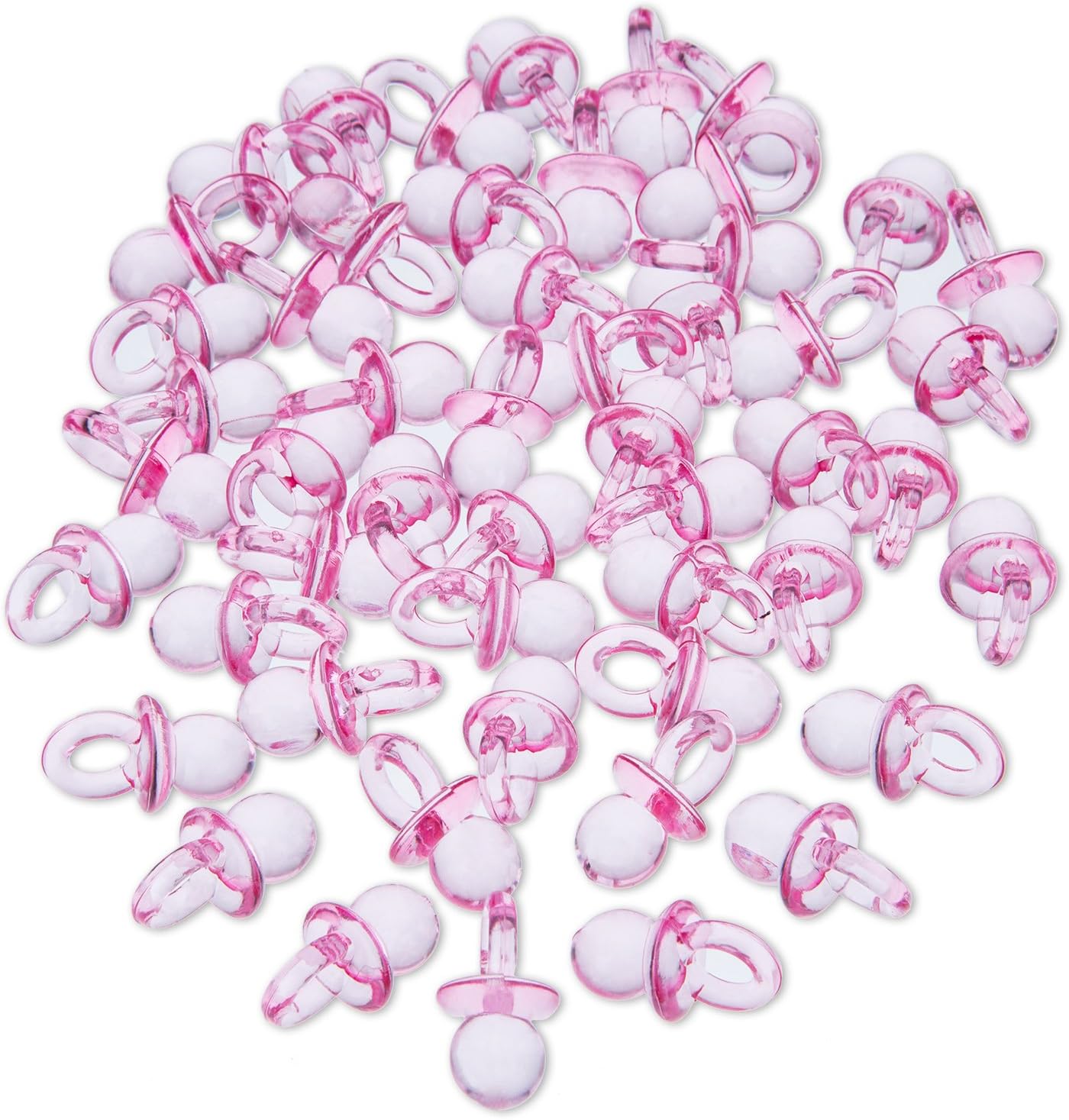 Bememo 12 Pack Candy Bottles and 50 Pack Acrylic Mini Pacifiers for Baby Shower Party Favors Decorations (Pink)