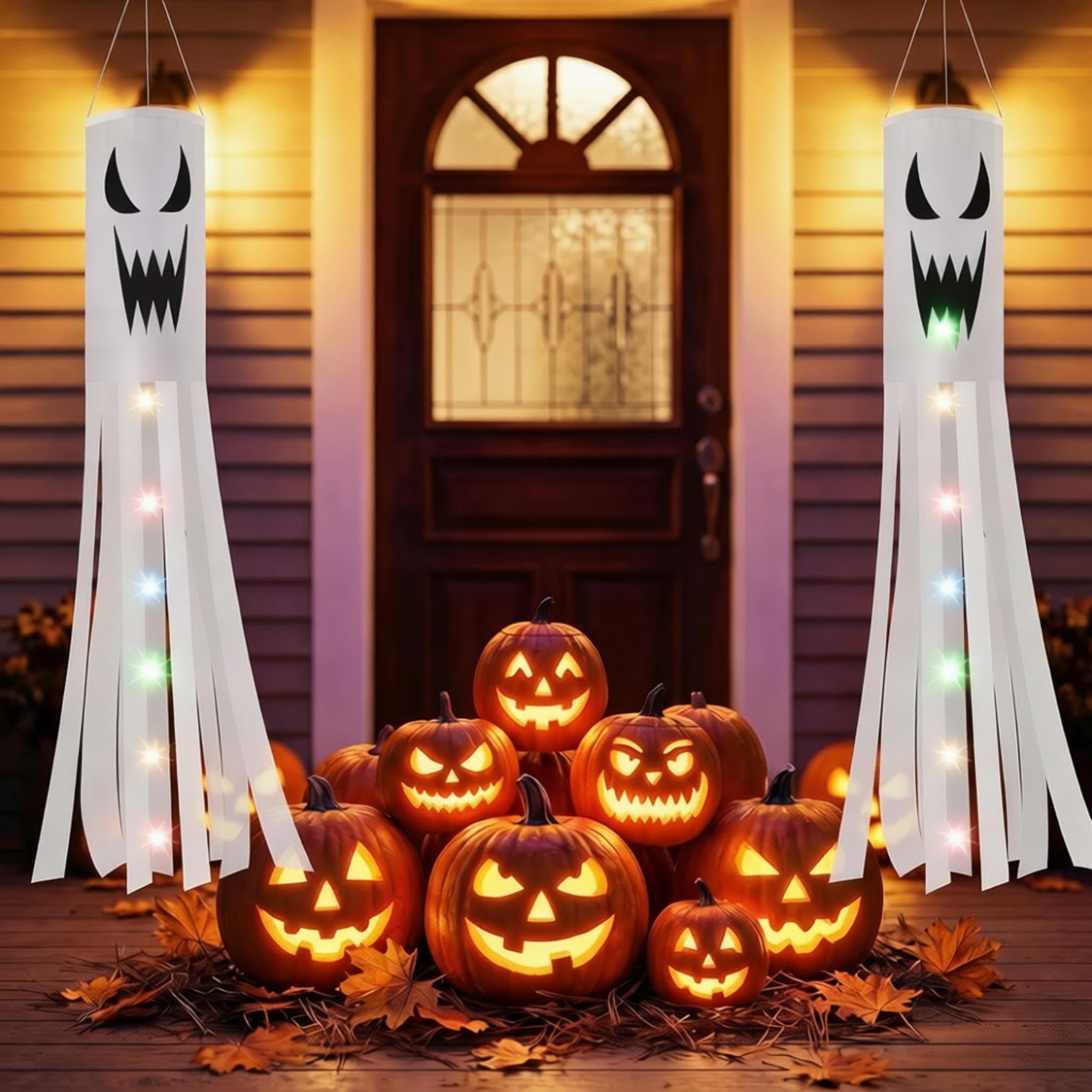 Copbopwn Halloween Ghost Windsocks 2 Pack 100cm with LED Lights, Hanging Spooky Ghost Wind Socks, Waterproof Outdoor Halloween Decorations for Yard Garden Porch Tree Door Haunted House Party Supplies