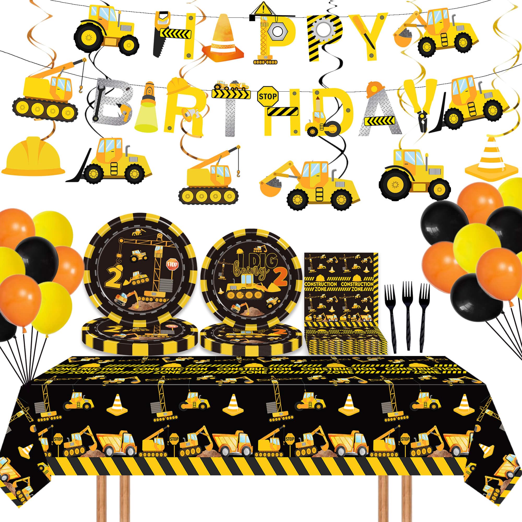 92 Pcs Construction 2nd Birthday Party Supplies Dump Truck Theme Two Tableware Includes Hanging Swirl, Balloons, Plates, Table Cloth for Boys