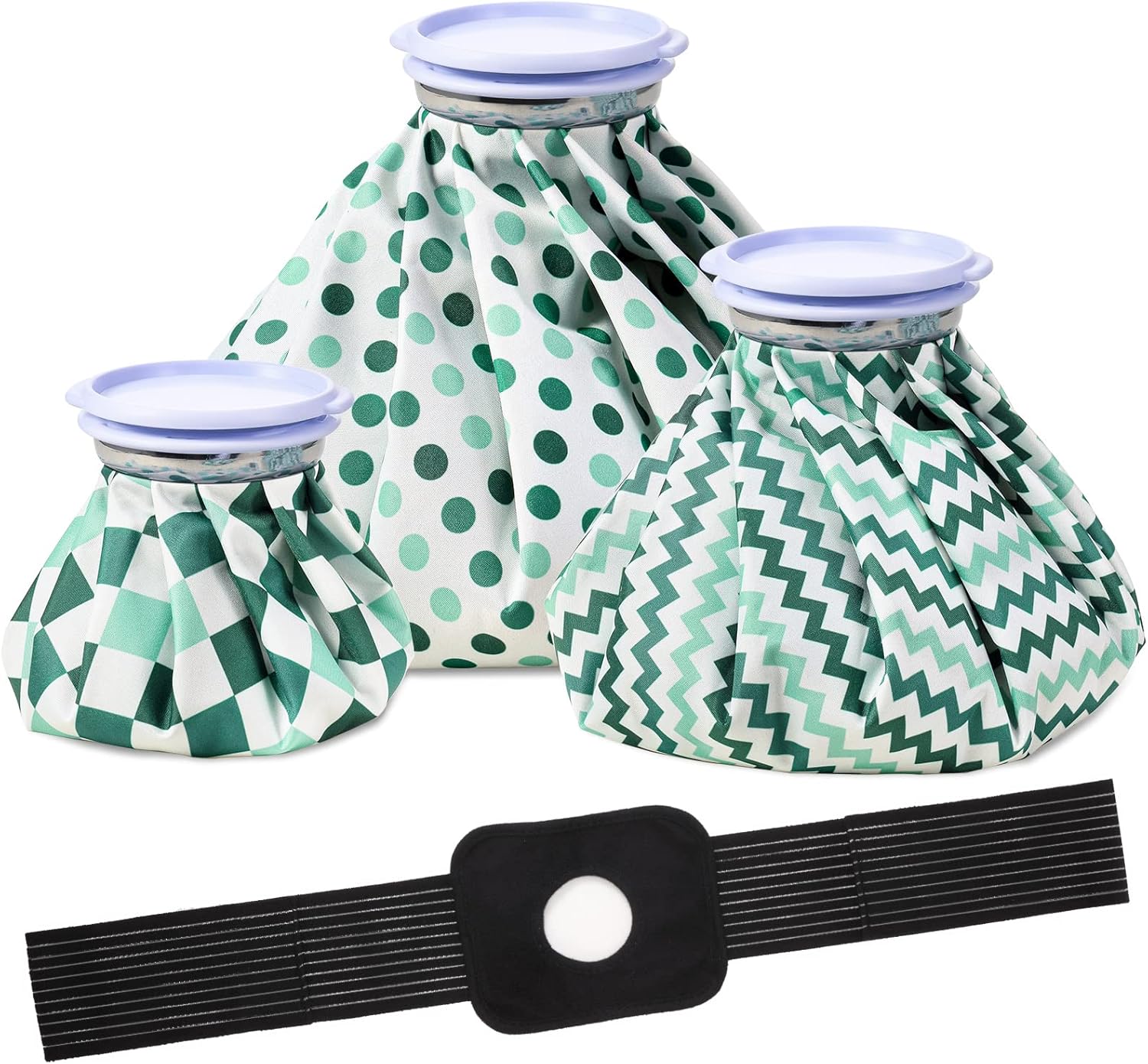 Nuanchu 3 Pieces Ice Packs for Injuries Reusable Ice Packs with Adjustable Wrap Cold and Hot Therapy and Pain Relief for Knee Leg Injury, 3 Sizes, 11, 9, 6 Inch (4 Set)(Polka Dot,Green)